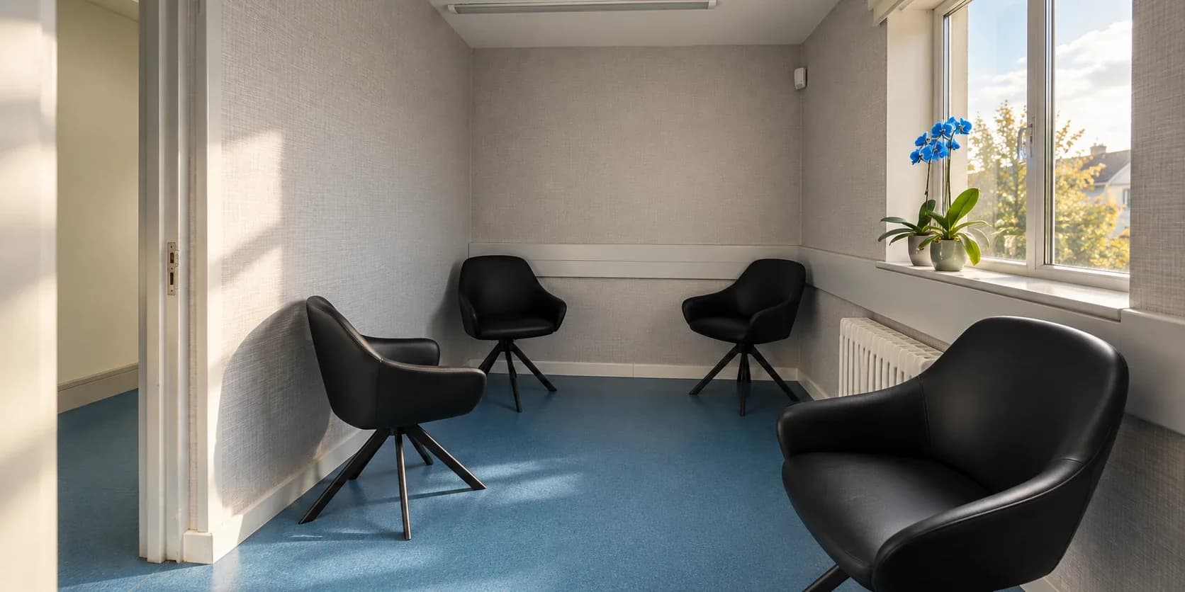 The clinic's sunlit waiting room