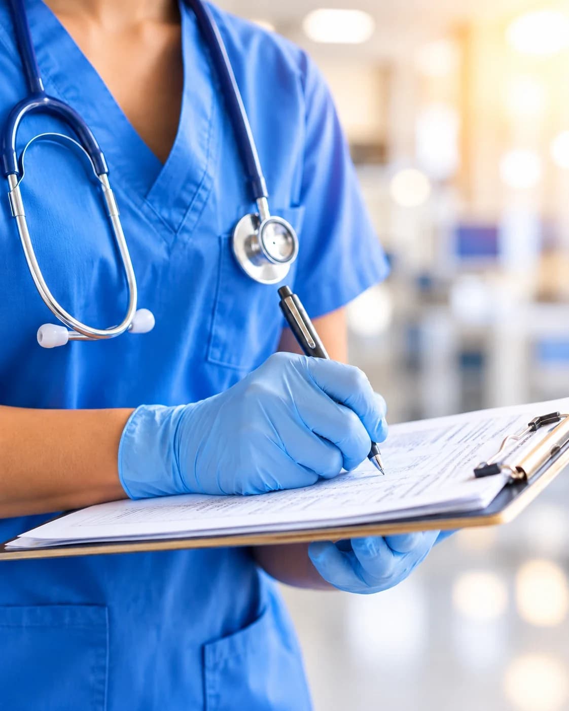 A nurse in blue scrubs writing on a clipboard