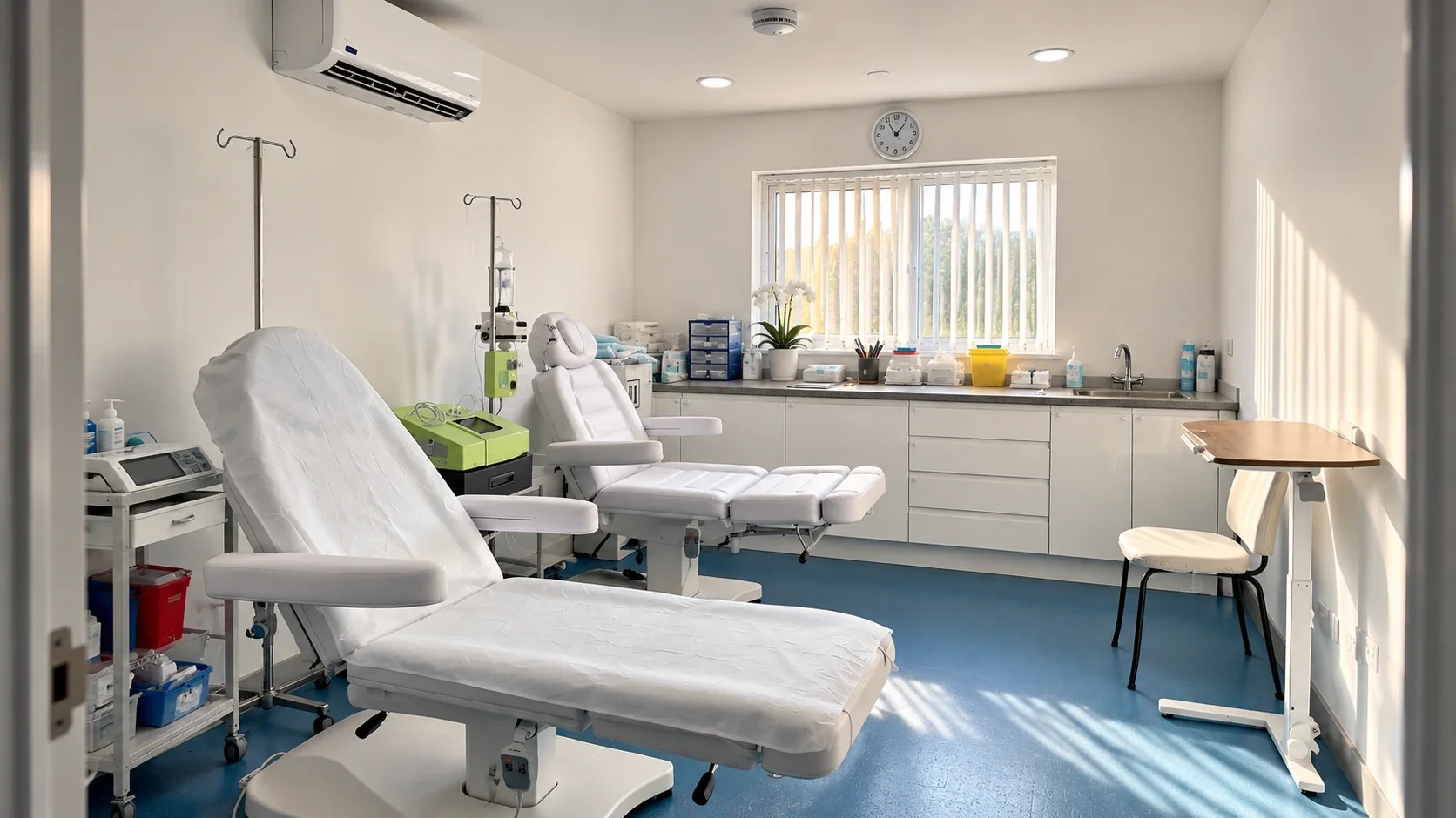 The ozone treatment room at our Tallaght clinic: two white treatment chairs, the ozone device and a sunlit window